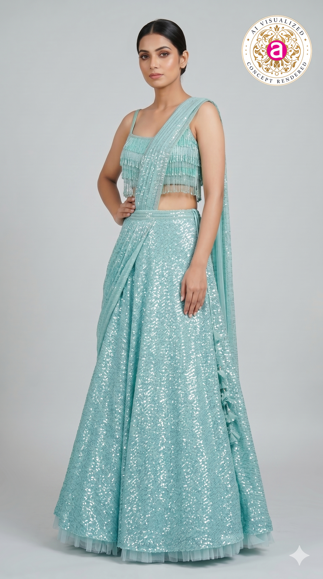 Ice Blue Sequin Draped Lehenga with Fringe Blouse