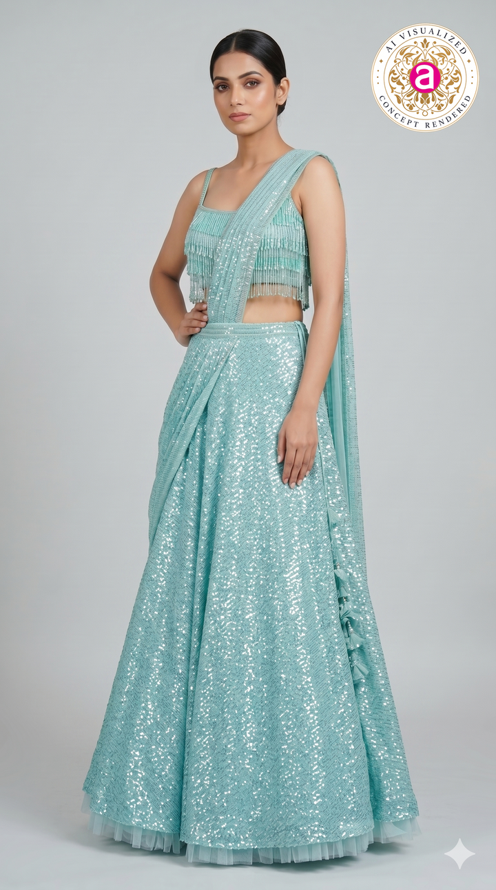 Ice Blue Sequin Draped Lehenga with Fringe Blouse