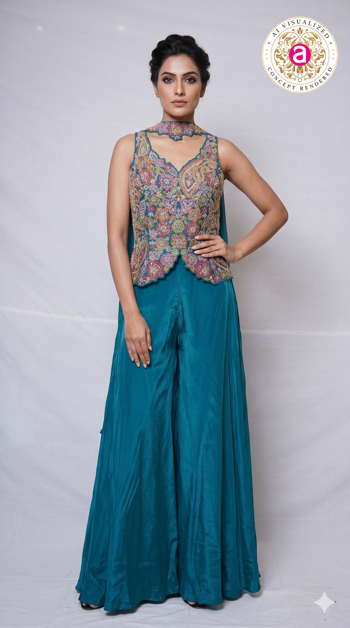 Teal Blue Kashmiri Embroidered Palazzo Set with Statement Choker Neckline
