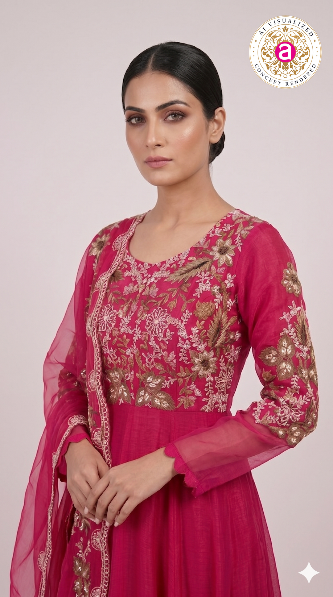 Rani Pink Floral Embroidered Anarkali Gown with Organza Dupatta