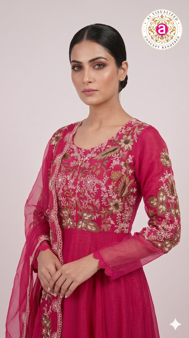 Rani Pink Floral Embroidered Anarkali Gown with Organza Dupatta