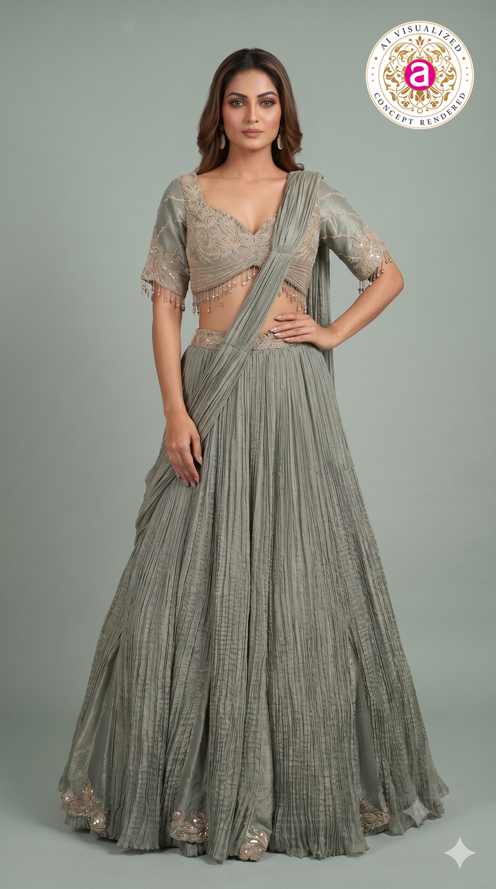 Dusty Sage Green Crushed Lehenga Set with Embroidered Blouse & Drape Dupatta