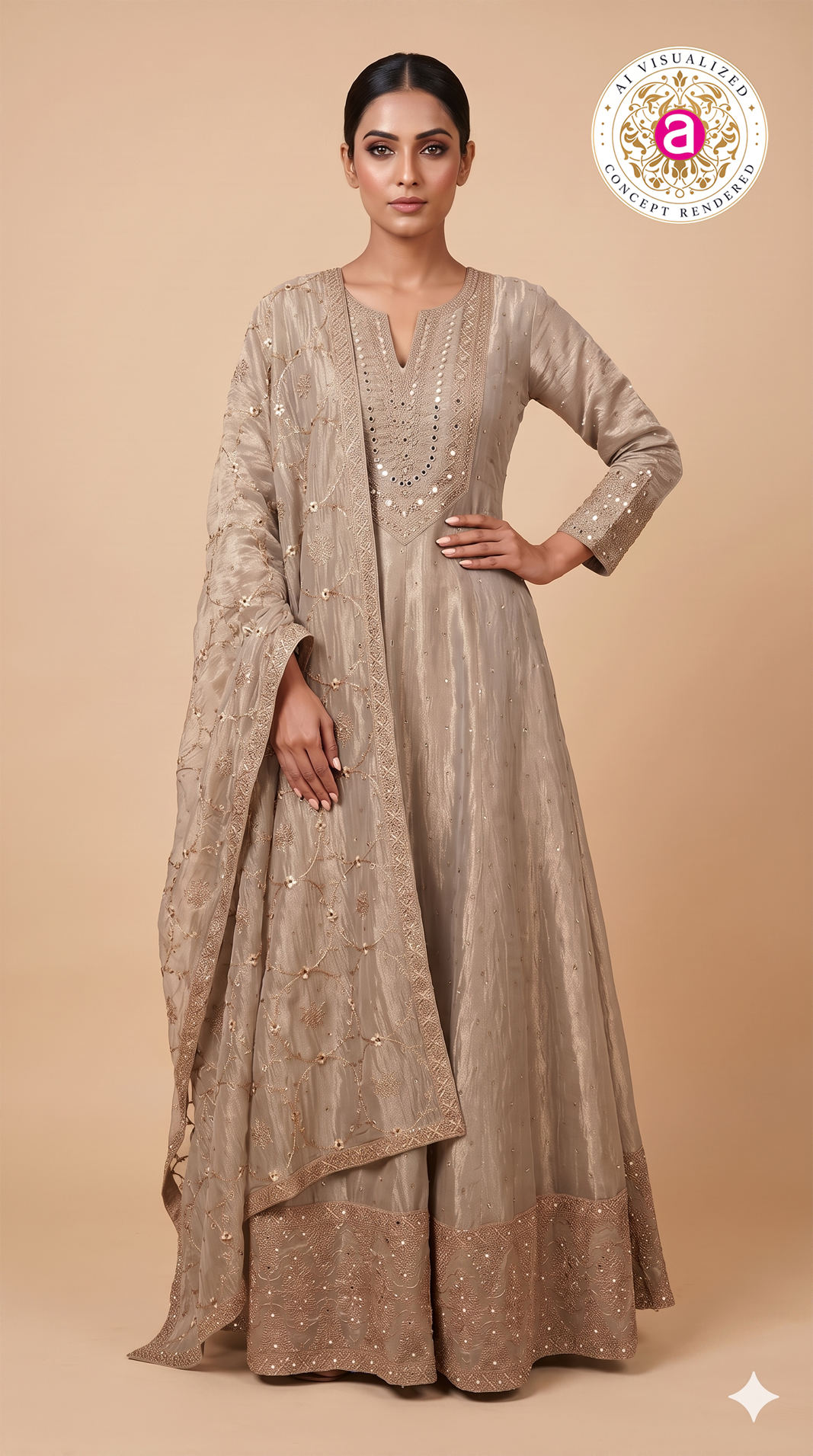 Champagne Beige Embroidered Anarkali Suit Set with Dupatta