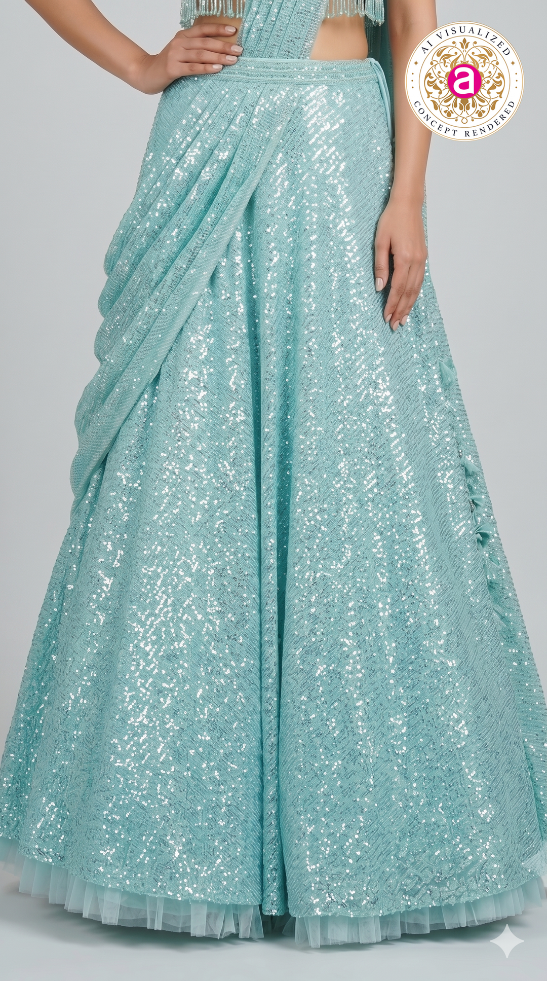 Ice Blue Sequin Draped Lehenga with Fringe Blouse