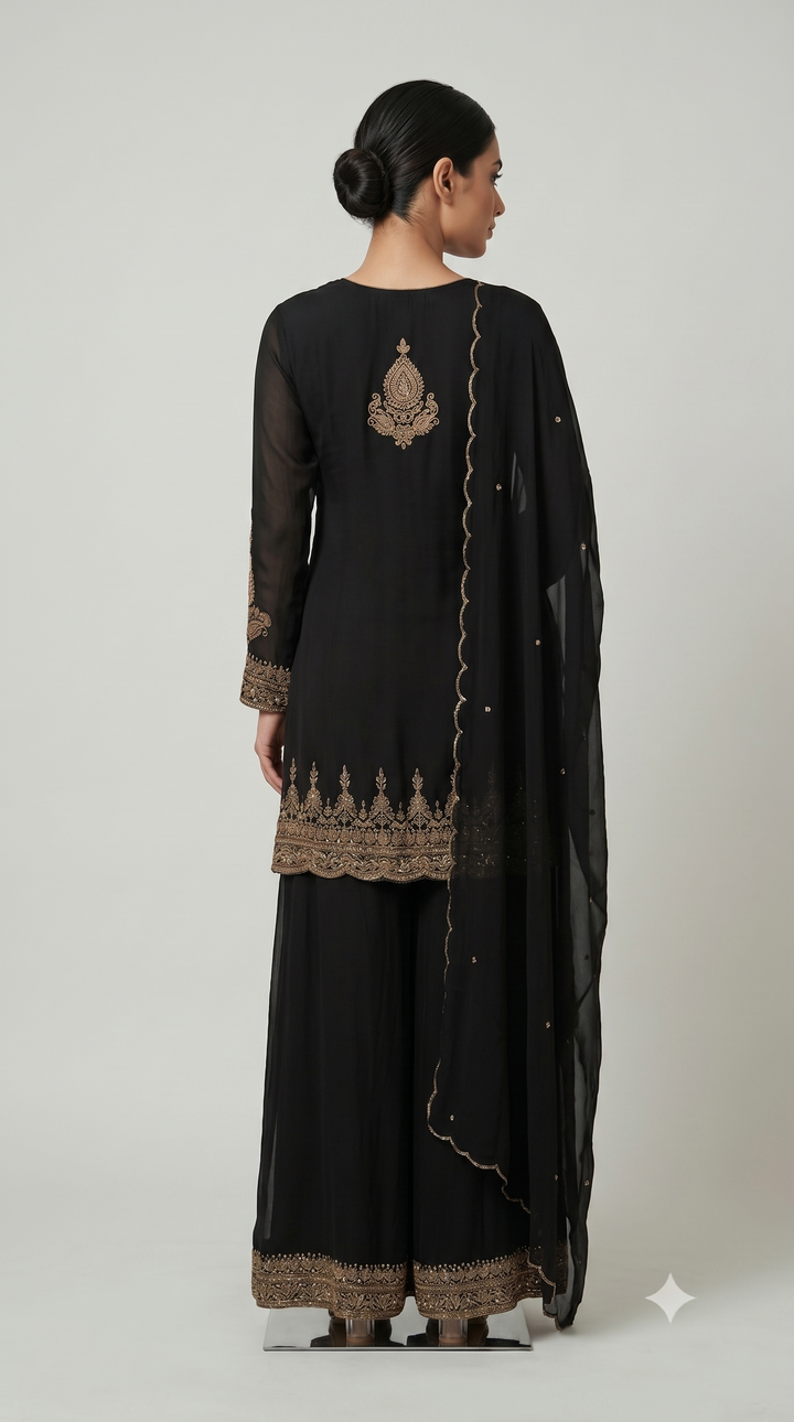 Midnight Black Embroidered Kurta Sharara Set with Dupatta
