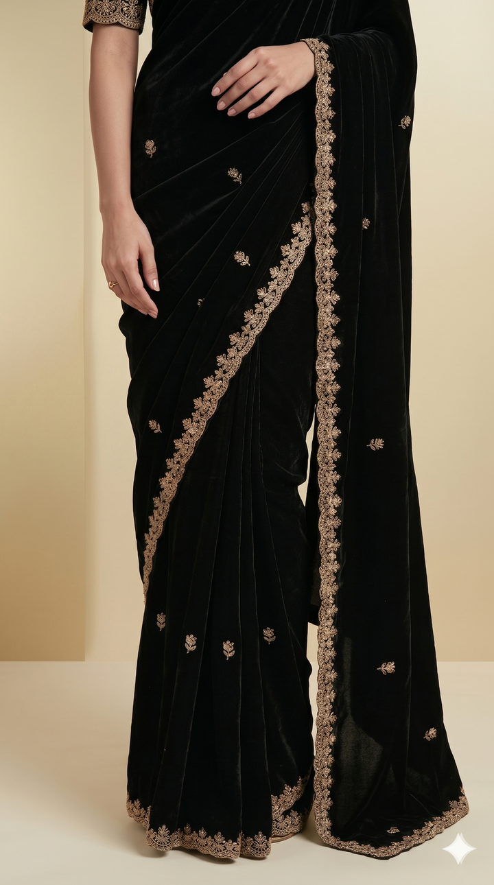 Black Pure Chinon Handwork Saree with Zardosi, Beads & Pearl Work