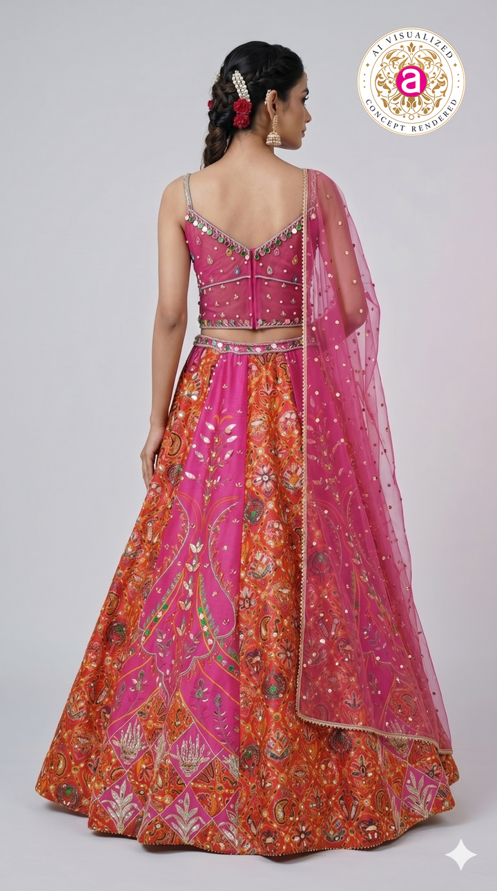 Rani Pink & Orange Embroidered Lehenga Set with Multicolor Blouse & Net Dupatta