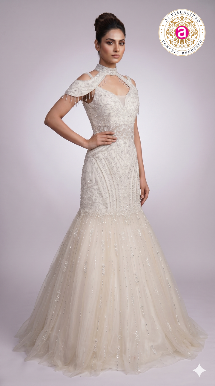 Ivory Pearl Embellished Mermaid Gown with Cold-Shoulder Cape Sleeves