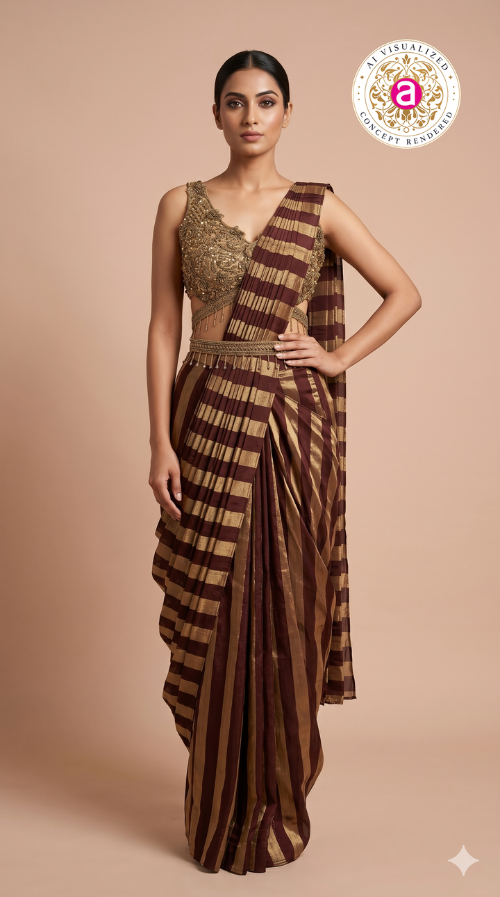 Wine Brown Ready to Wear Saree with Embellished Designer Blouse & Metallic Stripes
