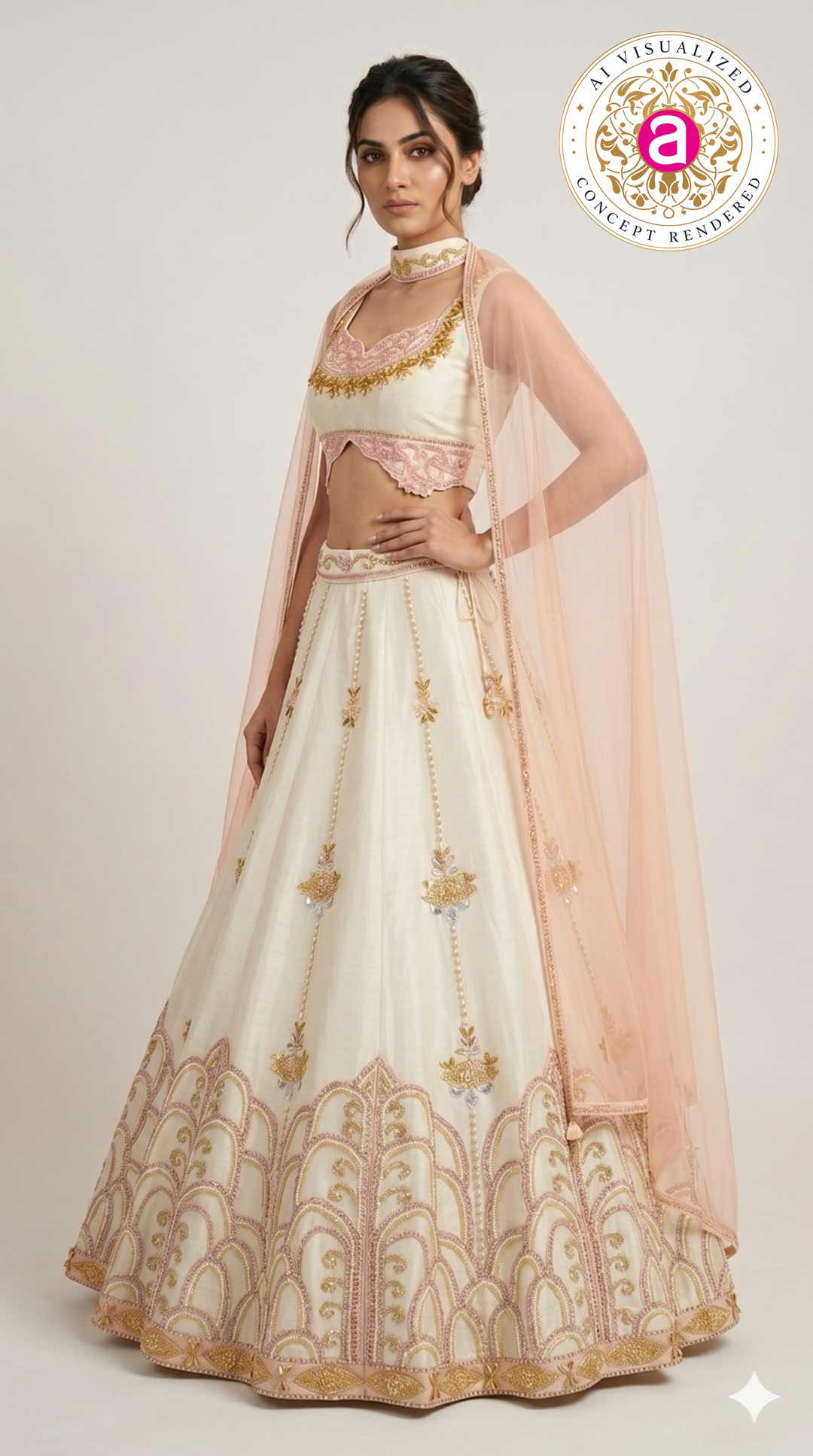 Ivory Blush Pink Embroidered Designer Lehenga Choli with Net Dupatta