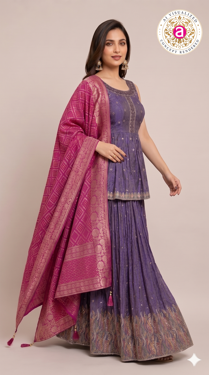 Purple Handwork Lehenga Skirt Set with Banarasi Dupatta