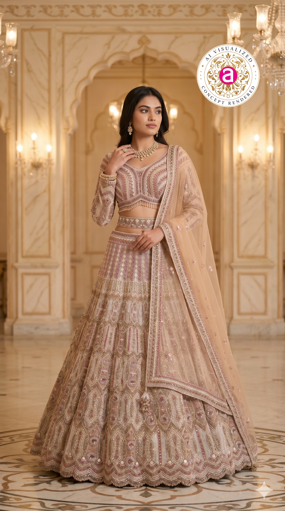Champagne Beige Designer Lehenga Set with Intricate Embroidered Blouse and Net Dupatta