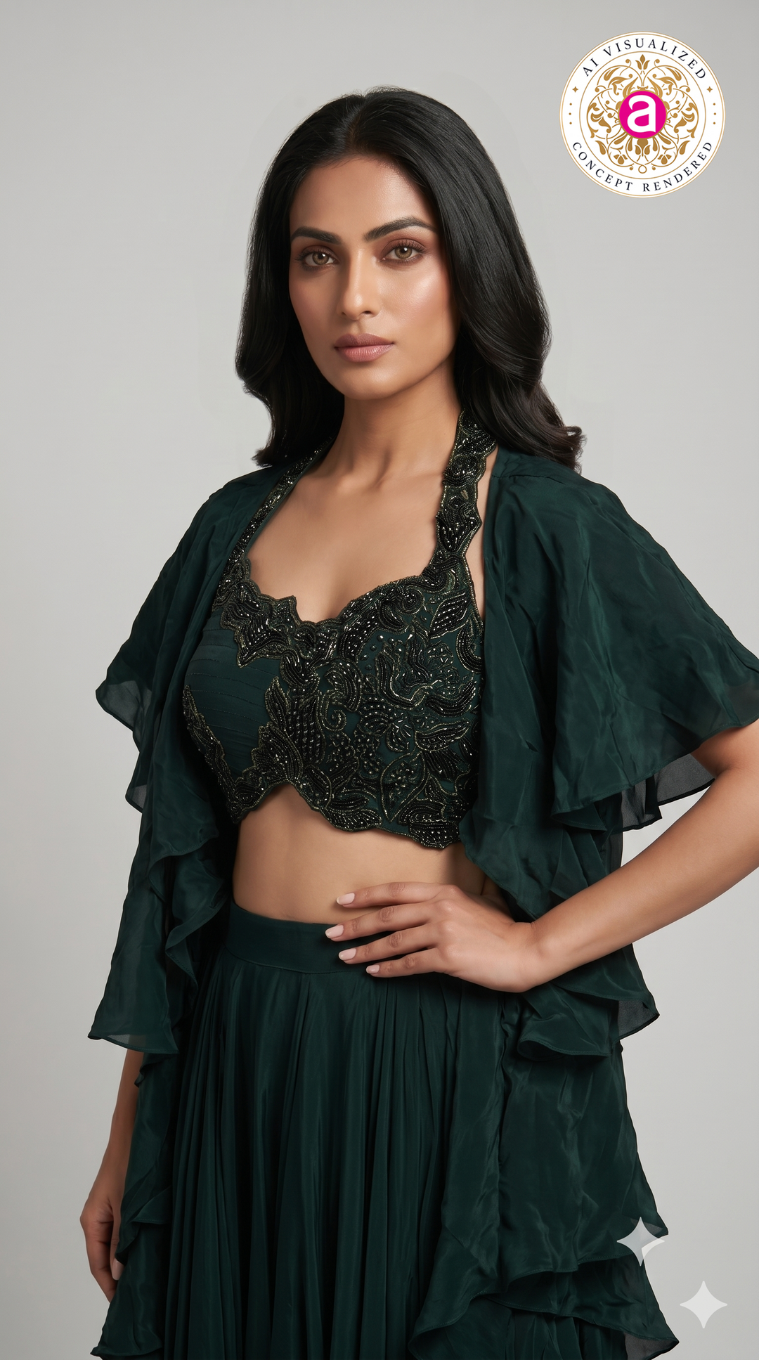 Emerald Green Ruffle Designer Lehenga Set with Embellished Blouse & Cape Jacket