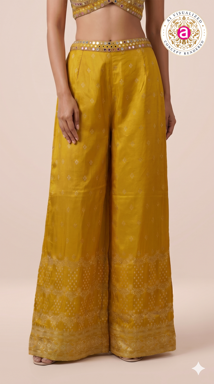 Mustard Yellow Mirror Work Indo-Western Co-Ord Set with Wide-Leg Palazzo Pants