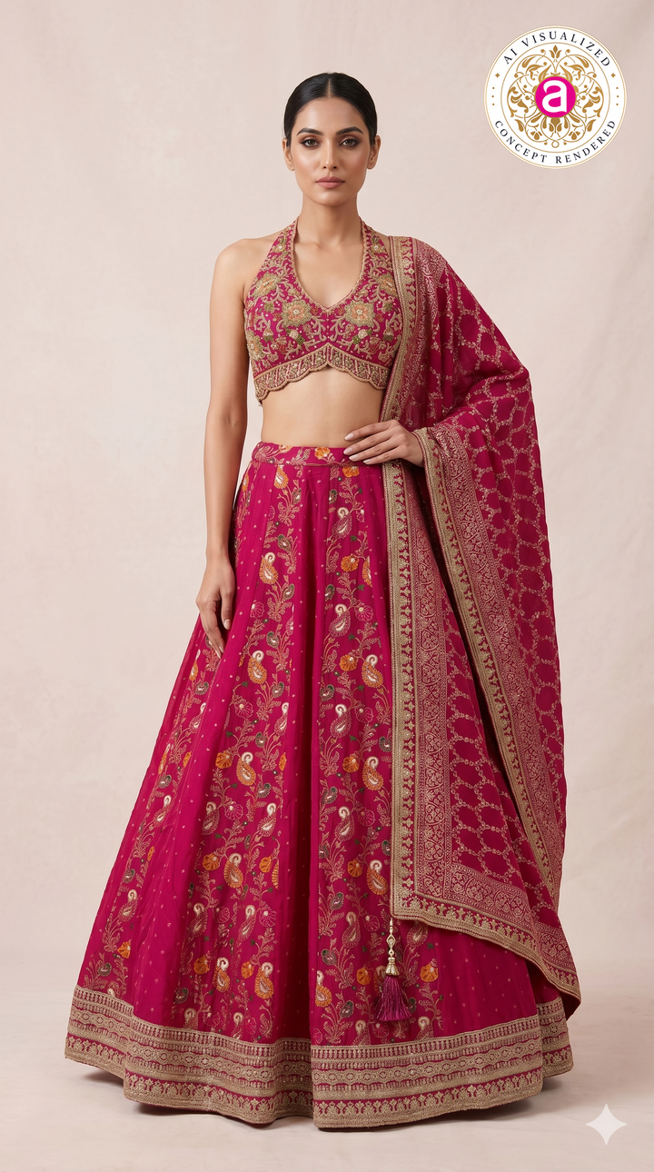 Rani Pink Embroidered Lehenga Set with Halter Neck Designer Blouse & Dupatta