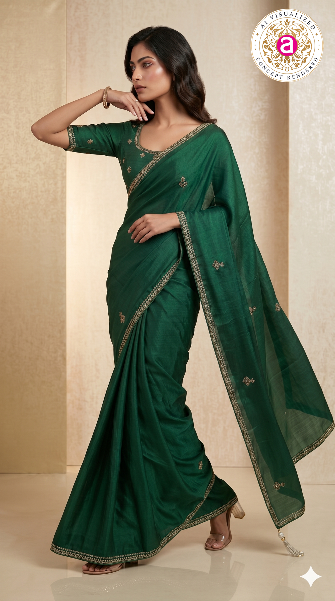 Emerald Green Hand-Embellished Designer Saree with Mirror Work Blouse