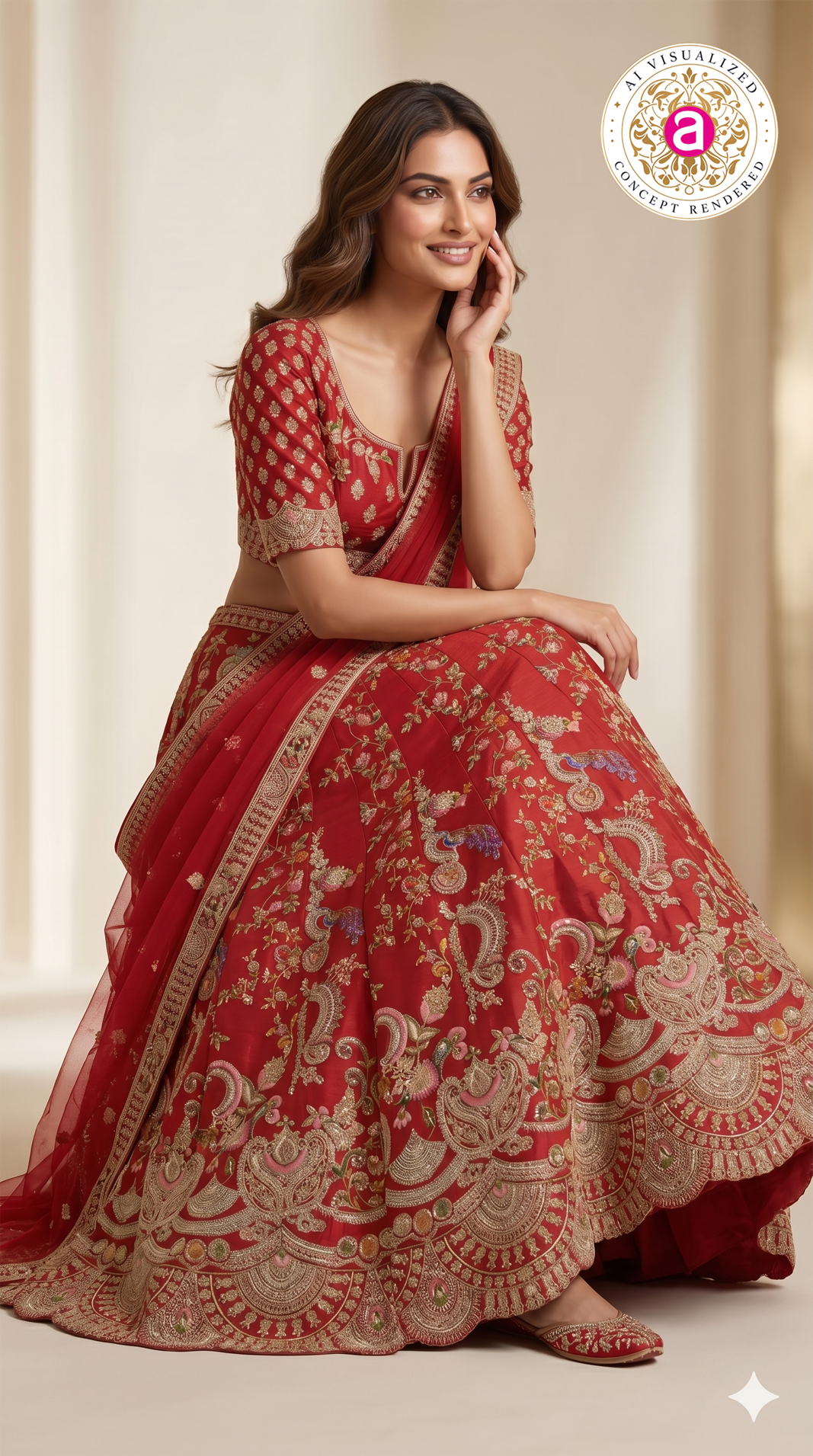 Scarlet Red Bridal Lehenga Set with Floral Zari Embroidery & Designer Net Dupatta