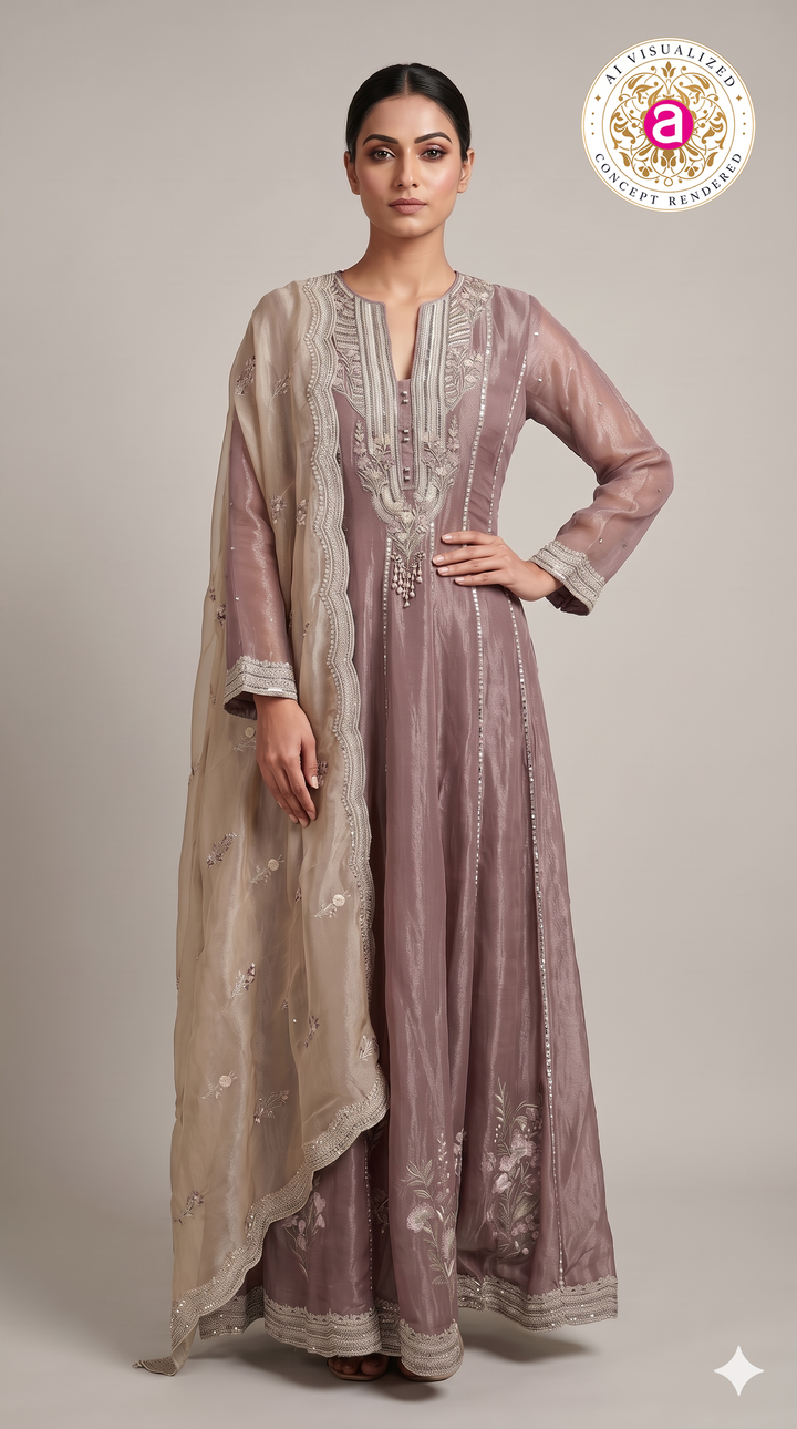 Dusty Mauve Embroidered Anarkali Kurta Set with Palazzo & Organza Dupatta