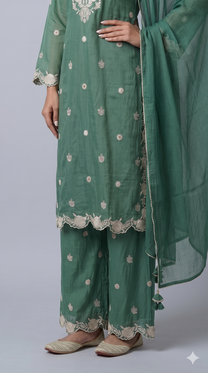 Sea Green Embroidered Kurta Palazzo Set with Dupatta