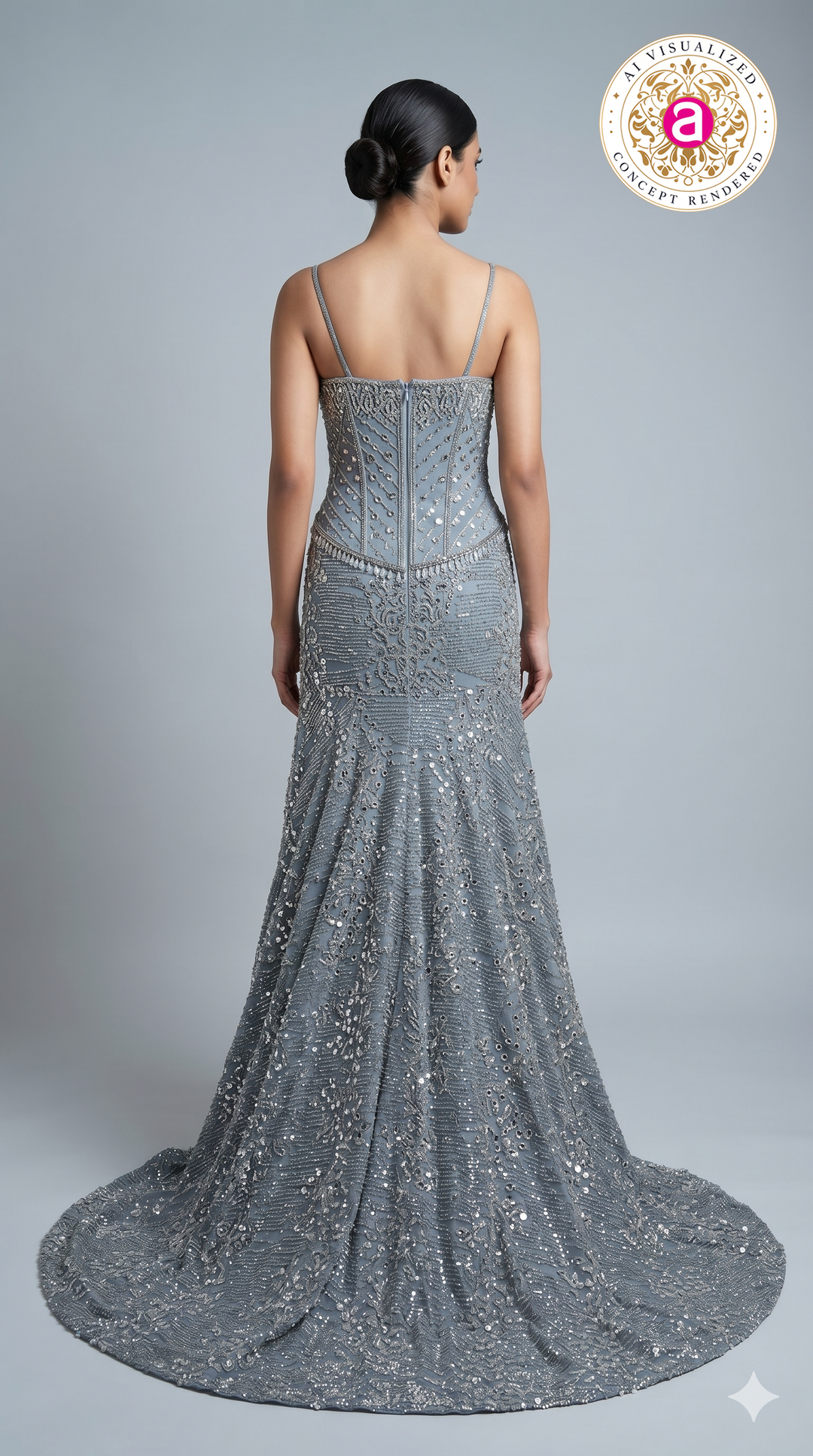 Steel Grey Crystal Embellished Mermaid Evening Gown