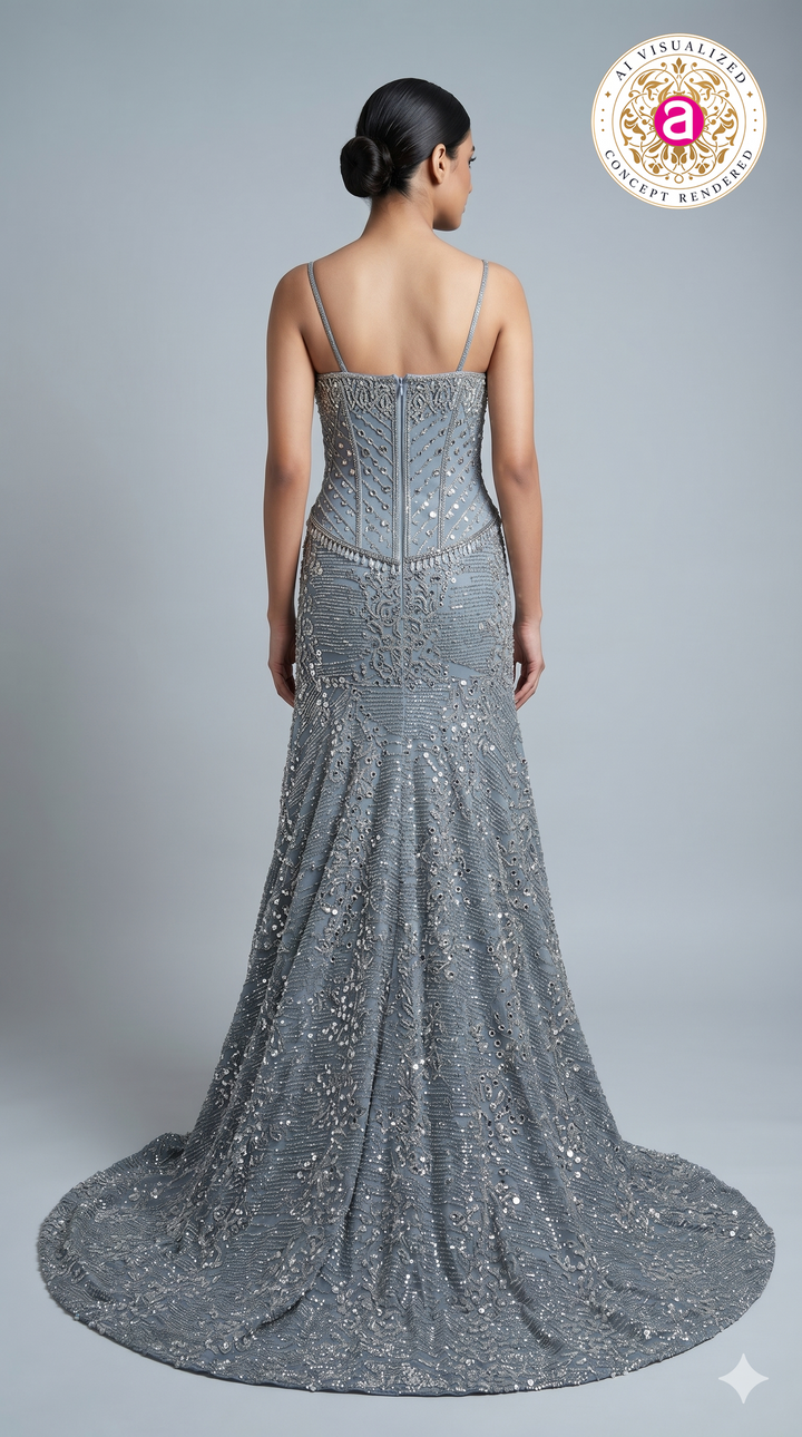 Steel Grey Crystal Embellished Mermaid Evening Gown