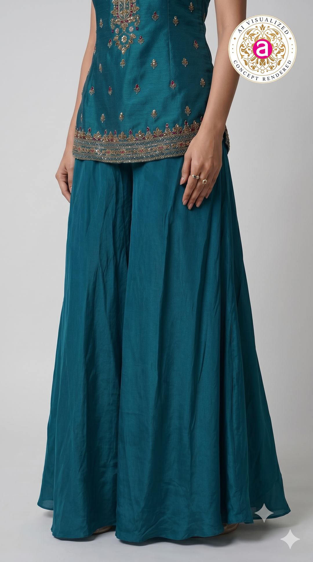 Teal Blue Embroidered Designer Palazzo Set