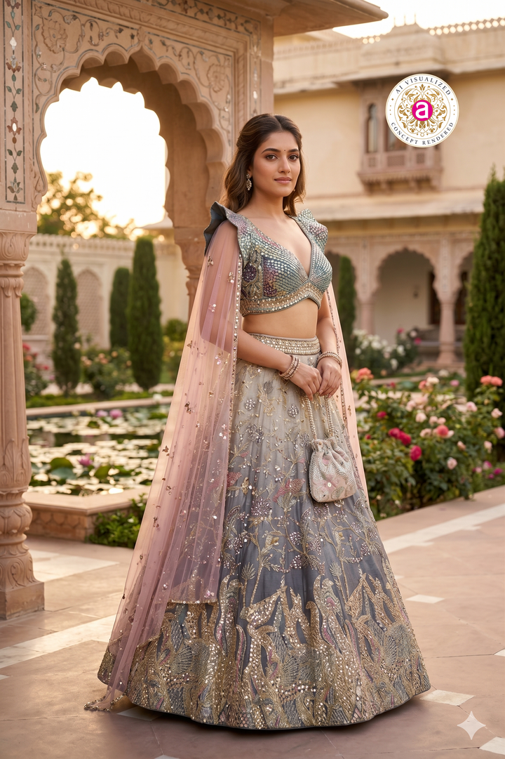 Dusty Grey Designer Lehenga Set with Blush Pink Dupatta