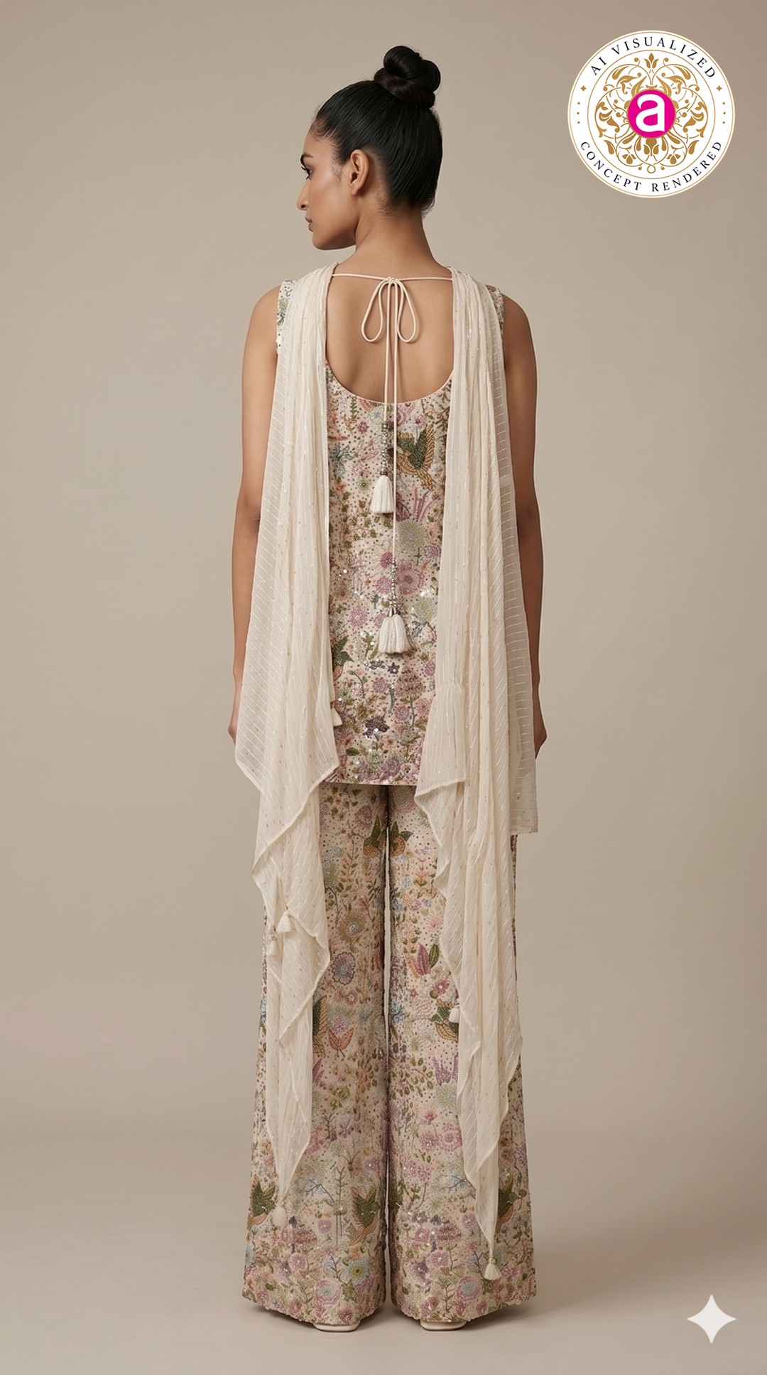 Ivory Floral Printed Indo-Western Co-Ord Set with Embroidered Waistcoat