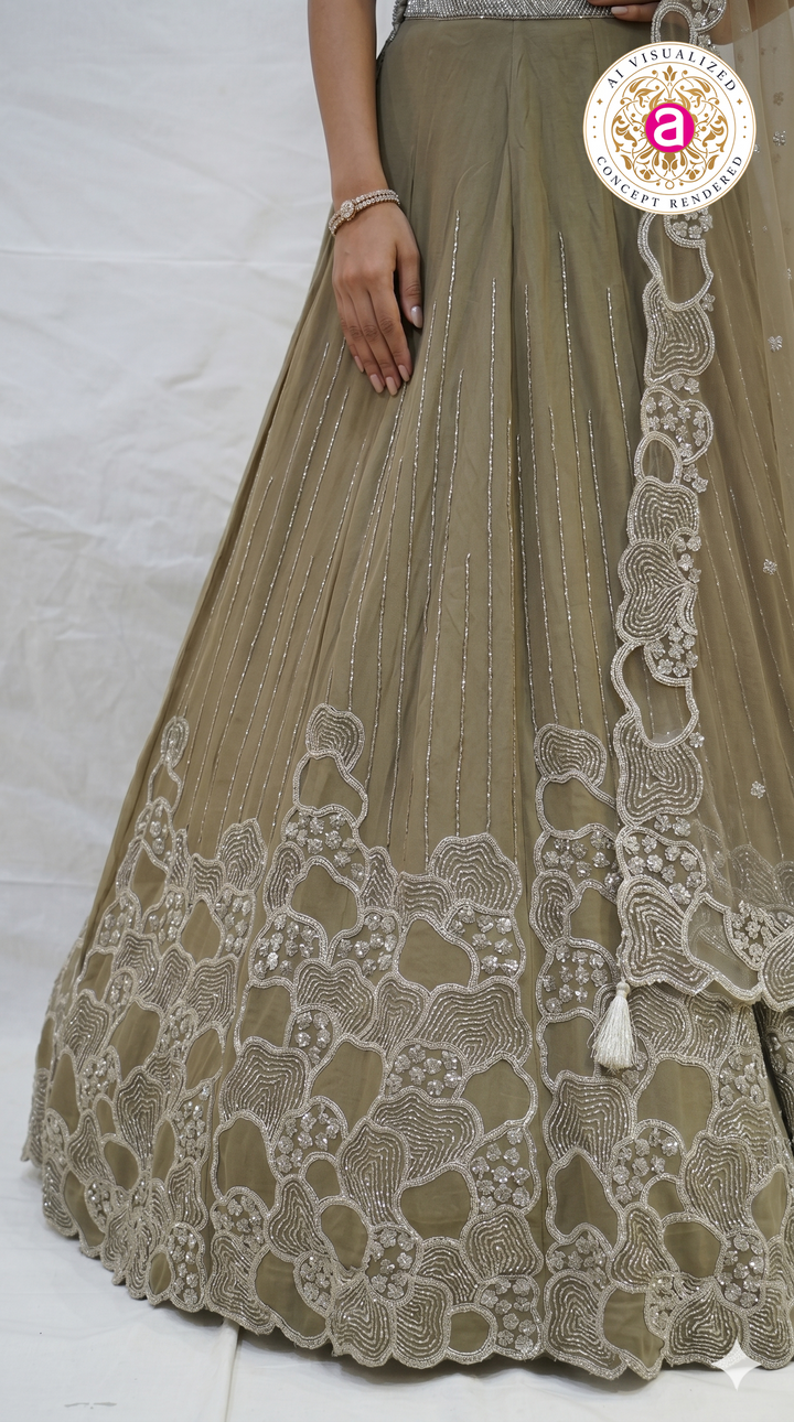 Olive Beige Embroidered Lehenga Choli with Statement Blouse & Net Dupatta