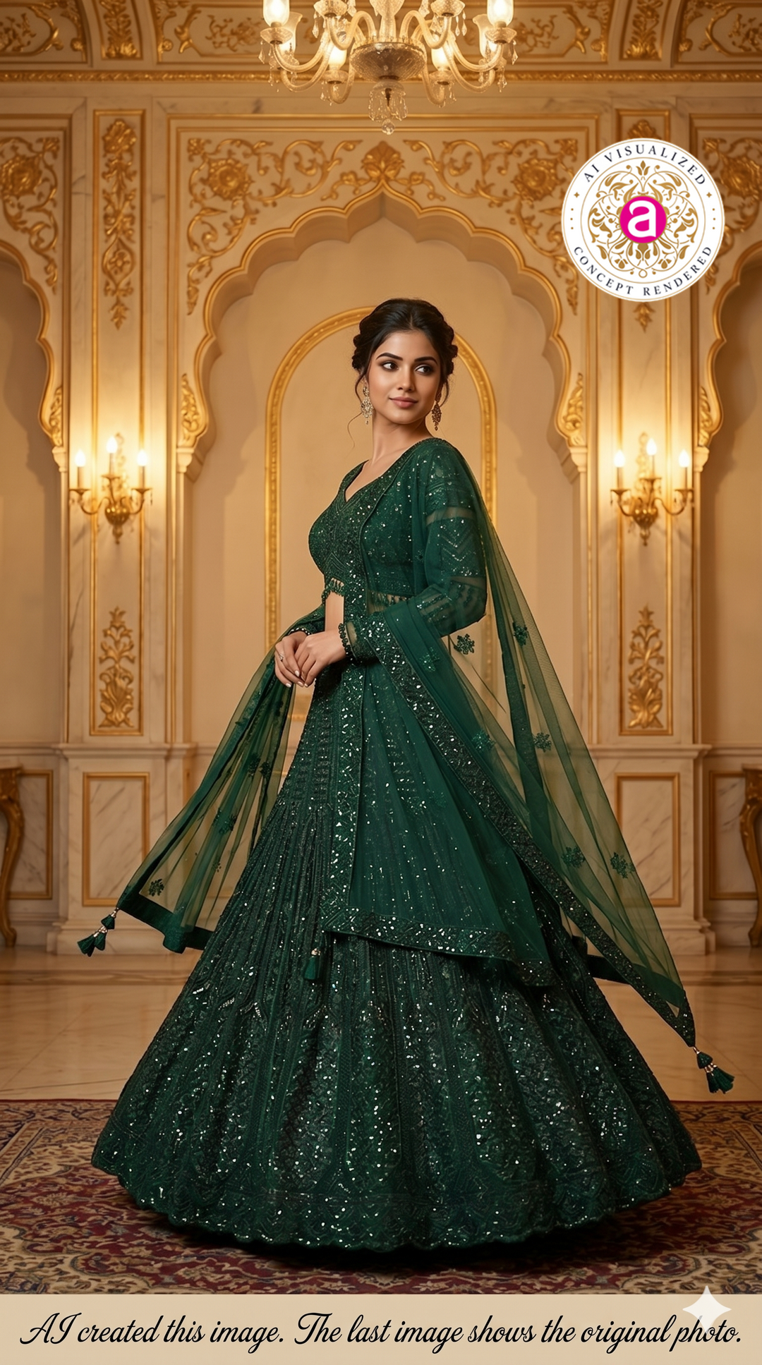 Emerald Green Designer Lehenga Set with Sequins Embellished Blouse and Net Dupatta