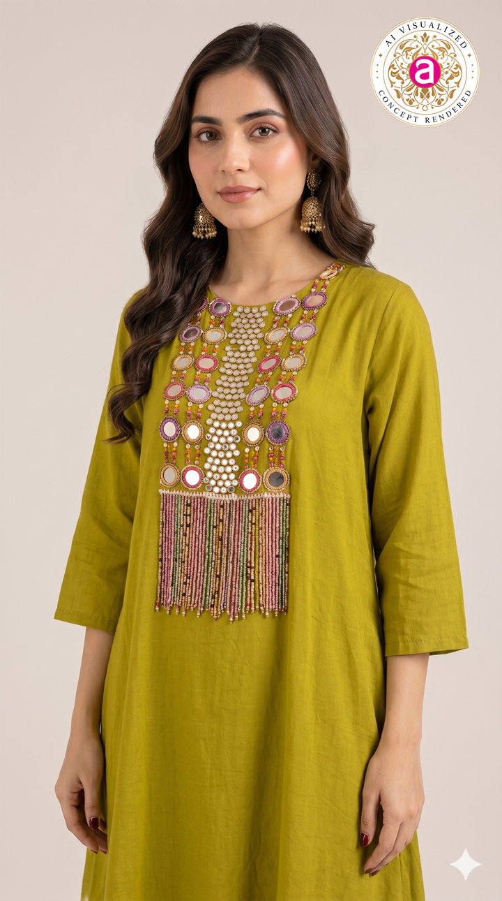 Olive Green Tie-Dye Handwork Kurti with Palazzo Set