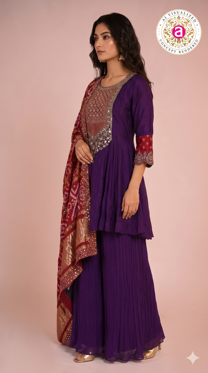 Royal Purple Embroidered Designer Sharara Set with Bandhani Dupatta