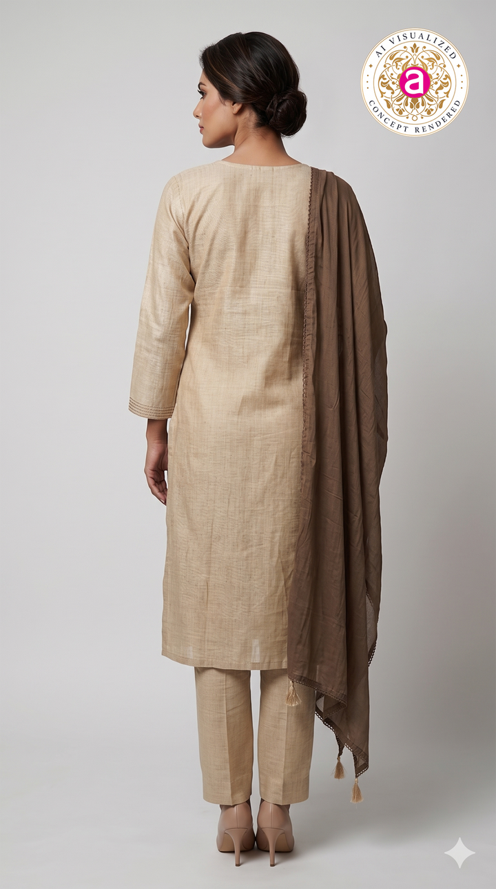Taupe Paisley Embroidered Straight Kurta Set with Dupatta