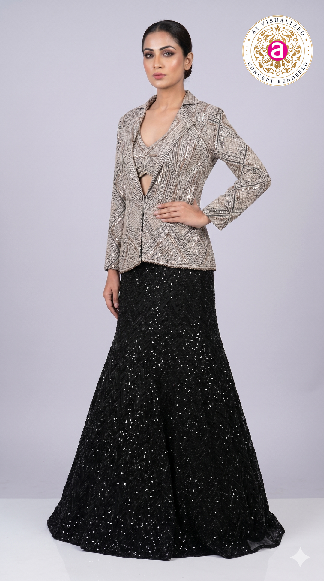 Silver Embellished Structured Jacket with Black Sequin Mermaid Skirt Set