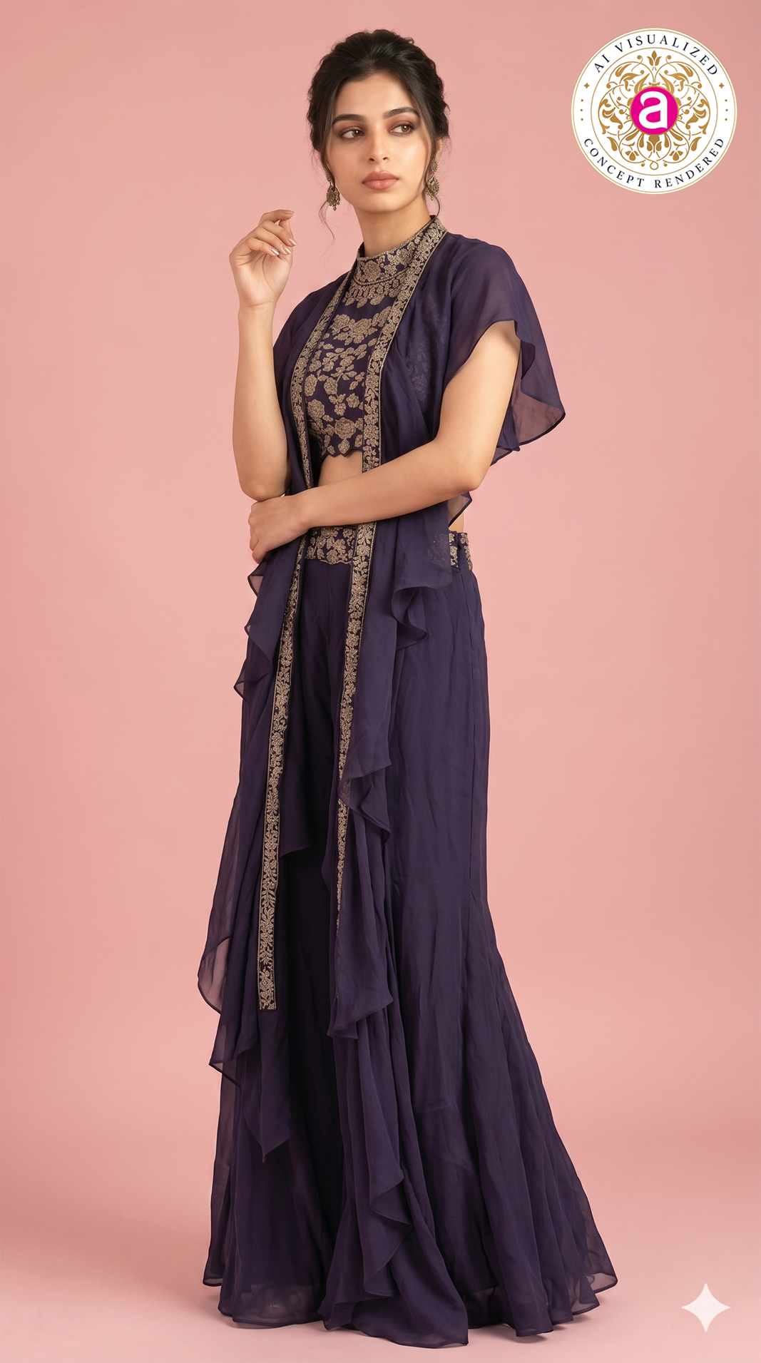 Purple Handwork Palazzo Set with Ruffle Cape Jacket