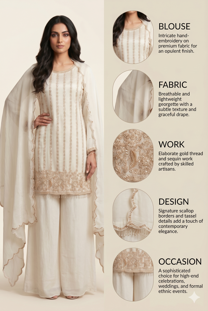 Elegant Ivory Embroidered Kurta Palazzo Set with DupattaElegant Ivory Embroidered Kurta Palazzo Set with Dupatta