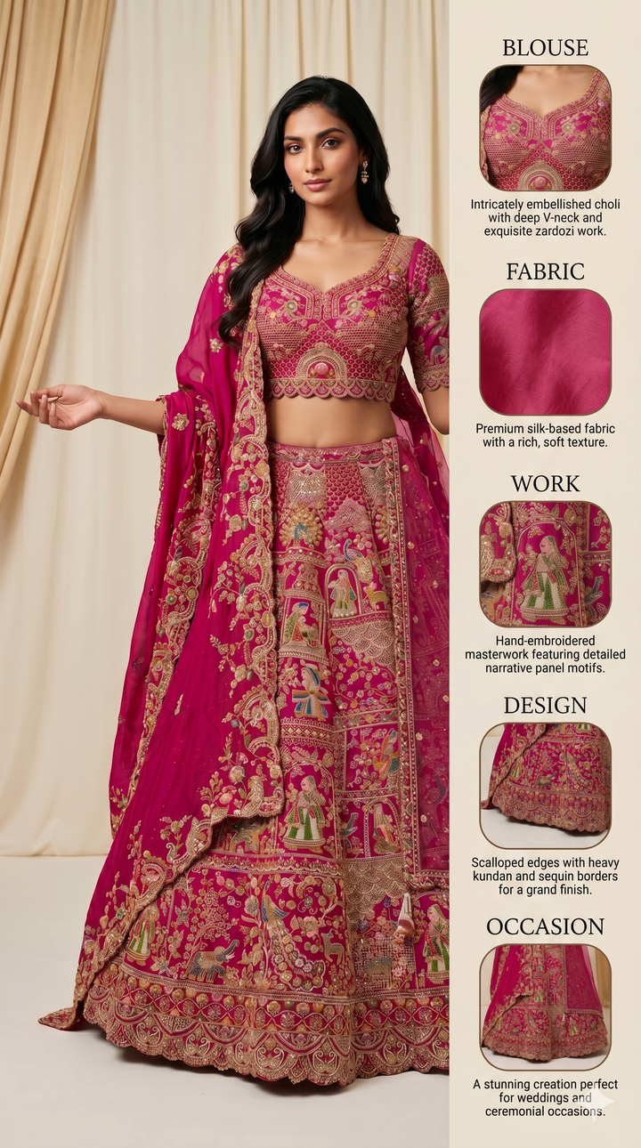 Rani Pink Royal Bridal Lehenga Set with Heritage Motif Embroidery & Designer Net Dupatta