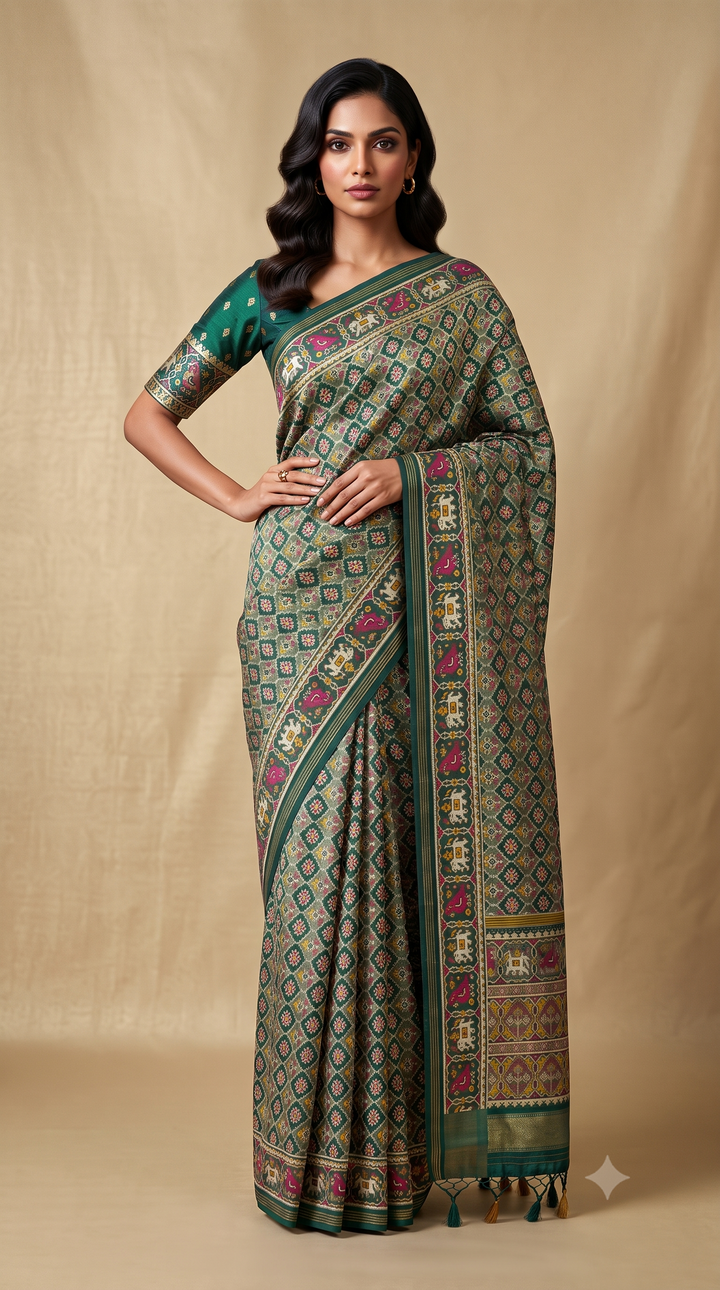 Premium Patola Inspired Weaving Silk Saree with Traditional Elephant Border