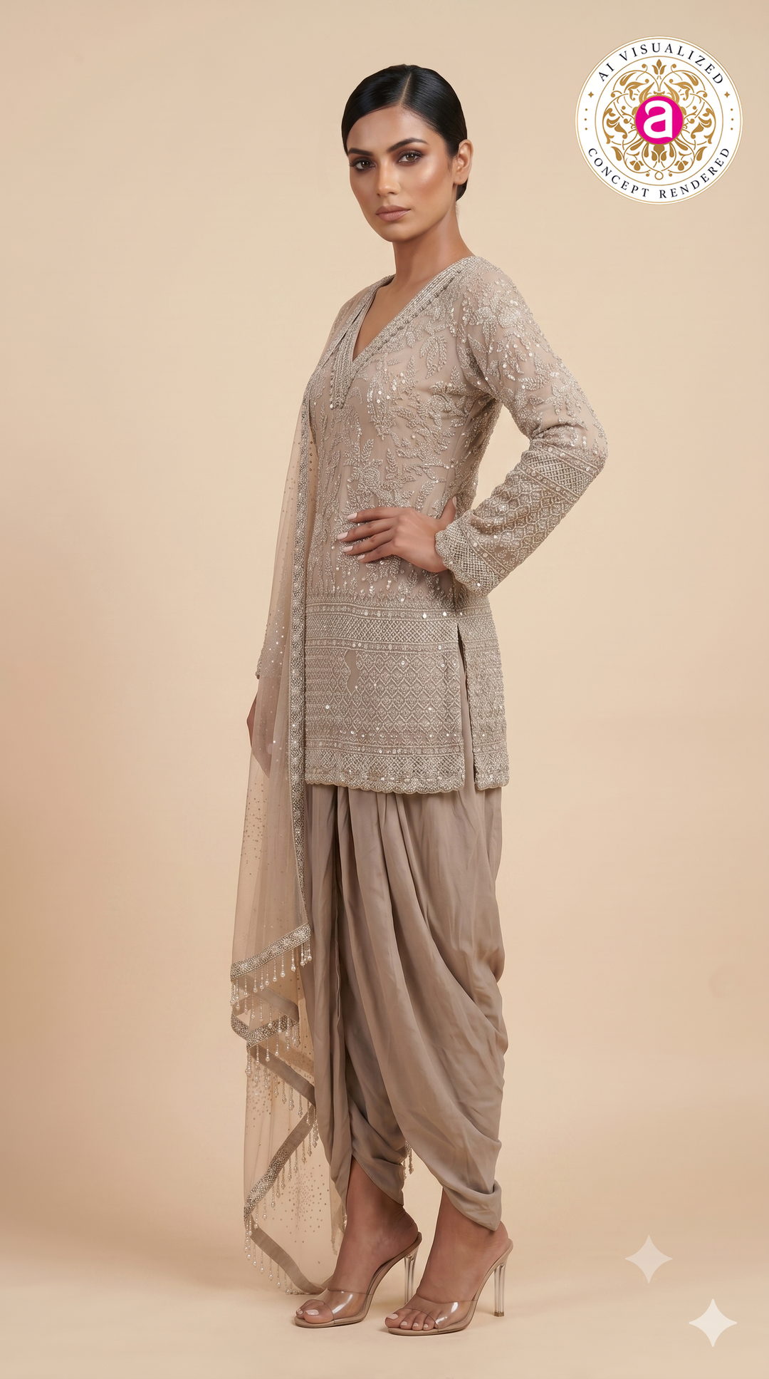 Taupe Beige Heavily Embroidered Patiala Suit Set