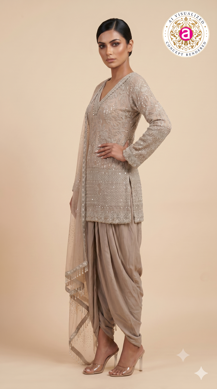 Taupe Beige Heavily Embroidered Patiala Suit Set