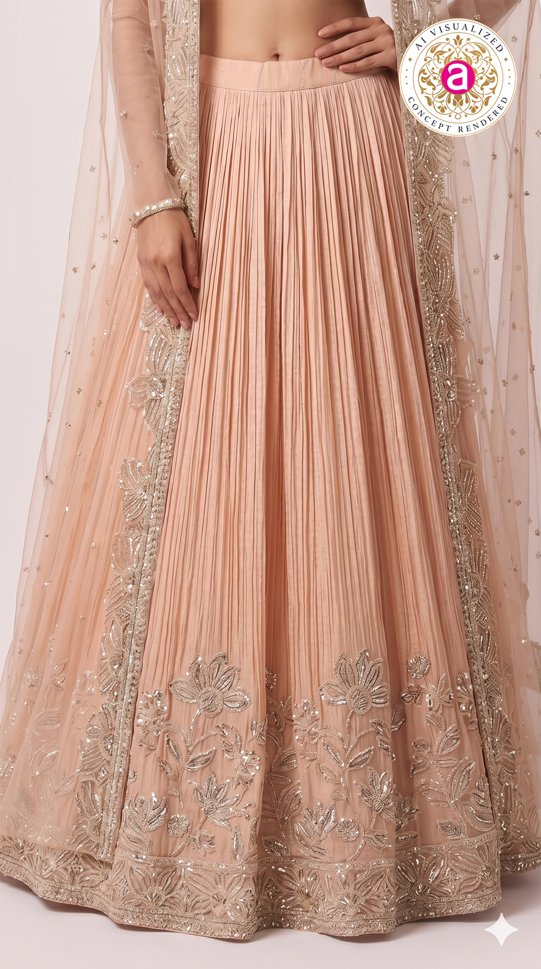 Blush Pink Embroidered Pleated Lehenga Set with Net Dupatta