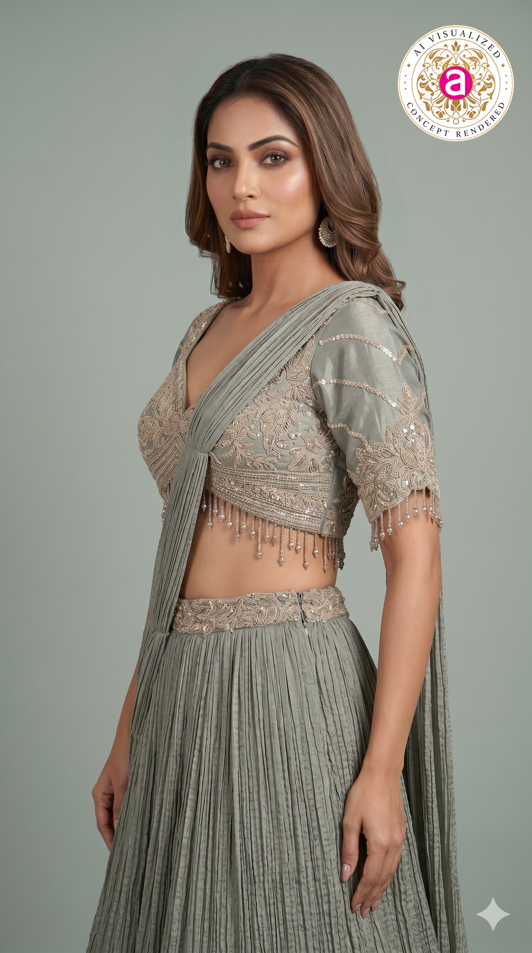 Dusty Sage Green Crushed Lehenga Set with Embroidered Blouse & Drape Dupatta