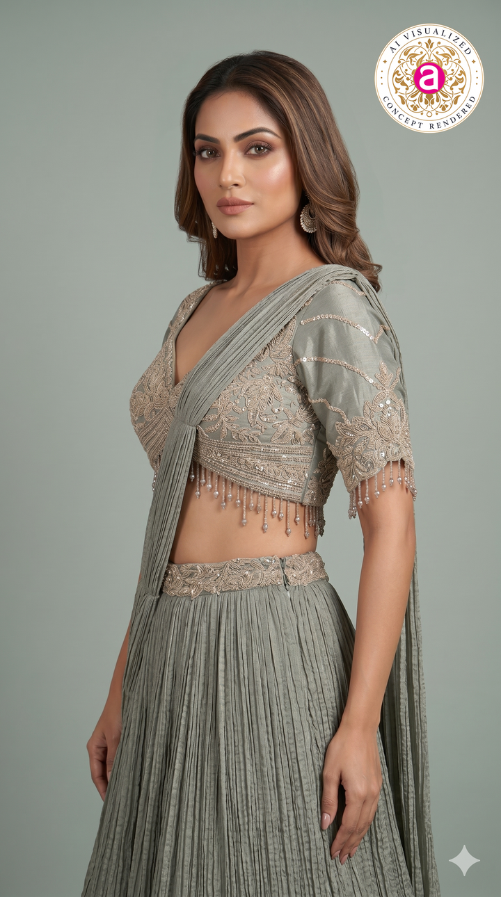 Dusty Sage Green Crushed Lehenga Set with Embroidered Blouse & Drape Dupatta
