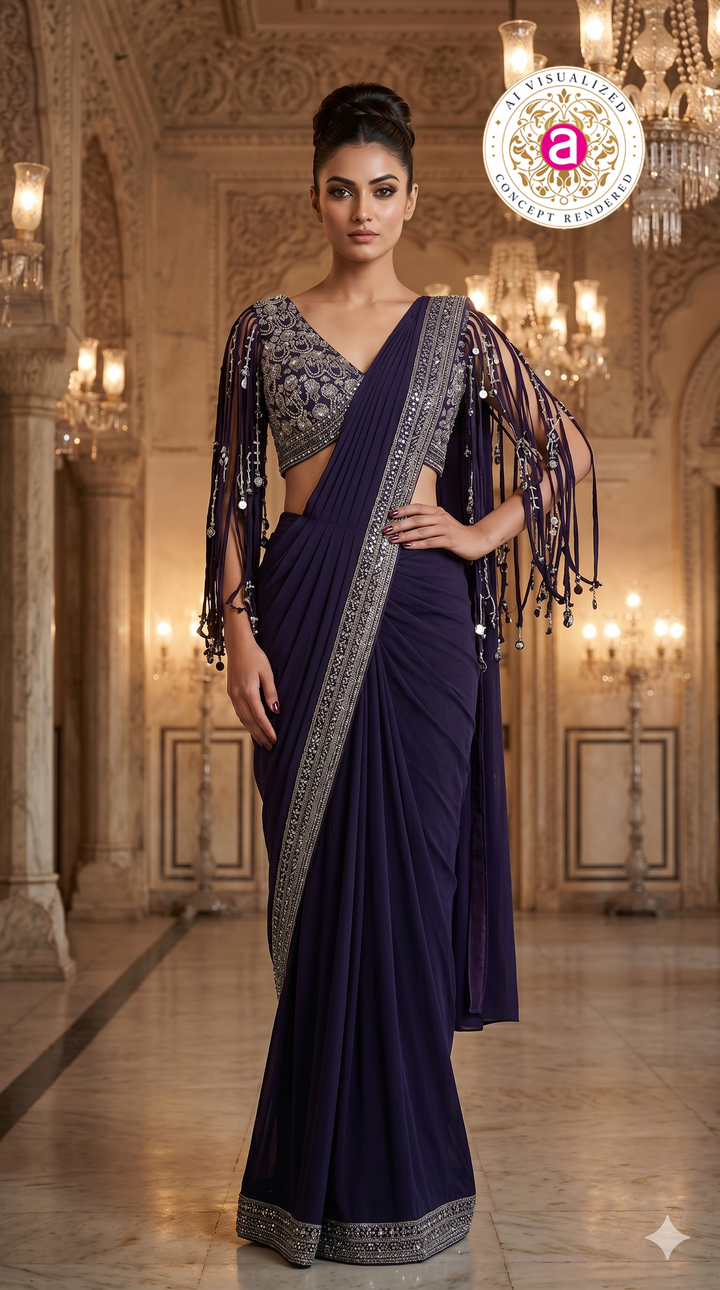 Midnight Purple Designer Saree with Embellished Fringe Blouse & Sequins Border
