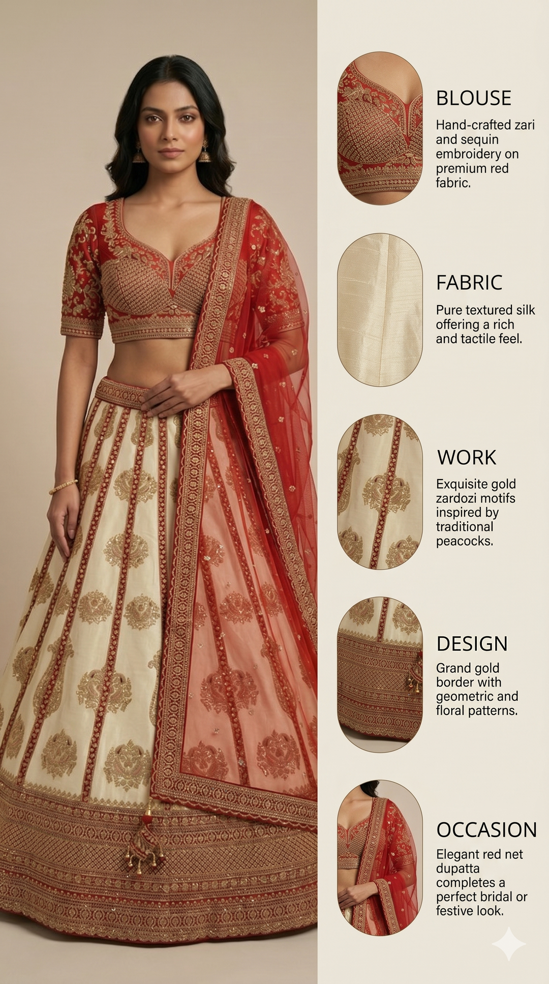 Ivory White & Ruby Red Designer Embroidered Lehenga Set with Organza Dupatta