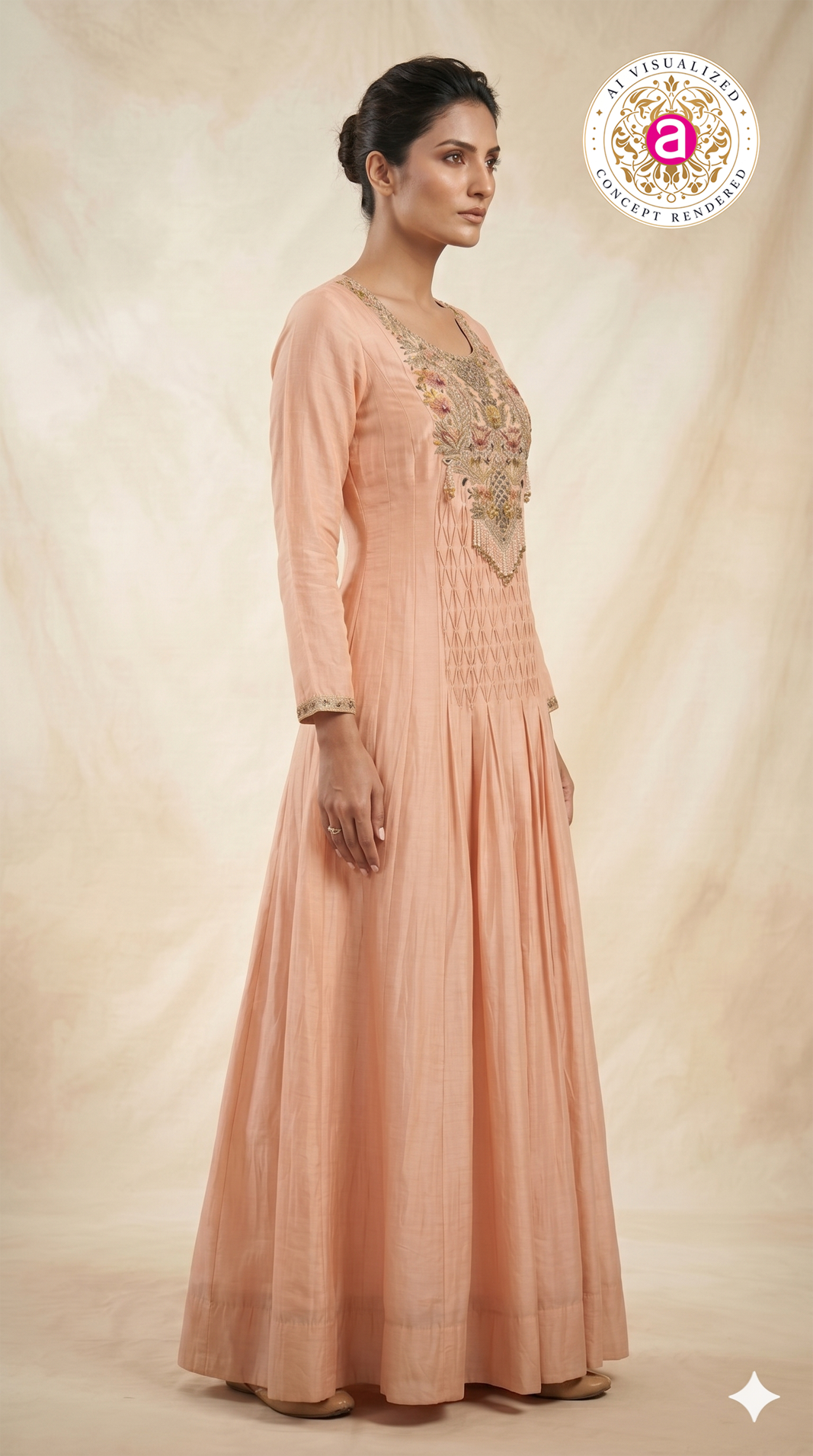 Peach Floral Embroidered Anarkali Gown