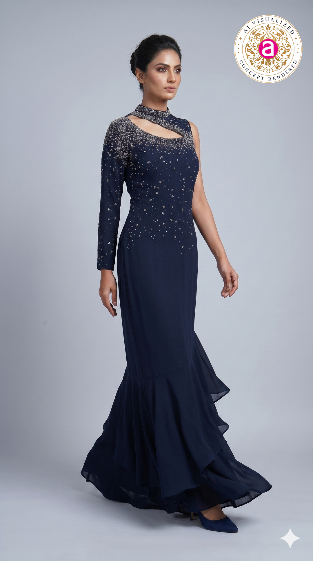 Midnight Navy Embellished One-Shoulder Designer Indo Western