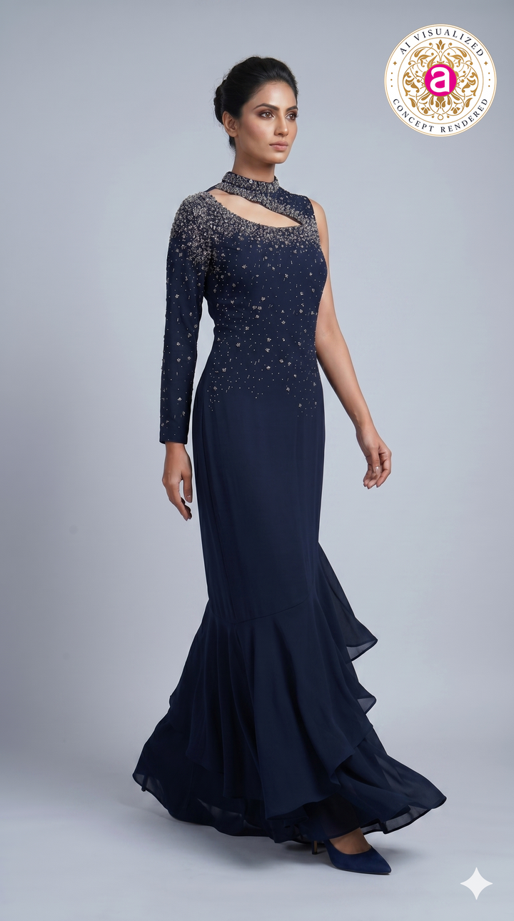 Midnight Navy Embellished One-Shoulder Designer Indo Western