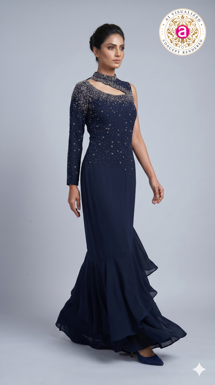 Midnight Navy Embellished One-Shoulder Designer Indo Western