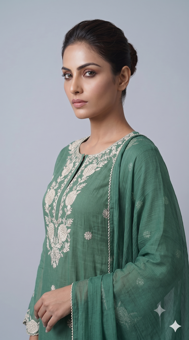 Sea Green Embroidered Kurta Palazzo Set with Dupatta
